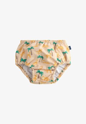 Béžová plienková plavková nohavička pre batoľatá s elastickým pásom a otvoreniami na nohách, zdobená vzorom palm a hravých gepardov.