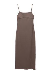 Braunes Midi-Kleid mit dünnen Spaghettiträgern, einer taillierten Oberseite und einer geraden Silhouette, aus weichem, glattem Stoff.