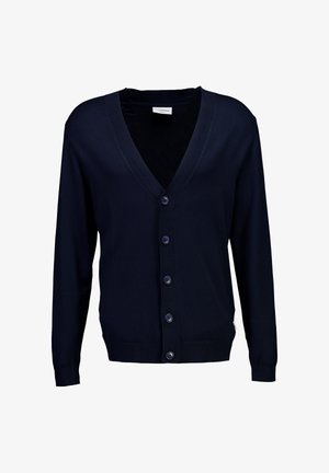 Marineblauwe cardigan gemaakt van zachte stof, met een V-hals, lange mouwen en zes knopen aan de voorkant. Gestructureerde manchetten en zoom.