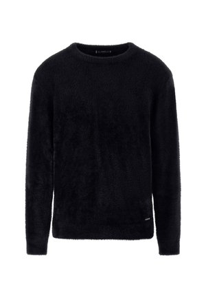 Suéter negro de manga larga hecho de un material suave y esponjoso. Diseño de cuello redondo con una textura suave y un sutil acento de logo en el dobladillo.