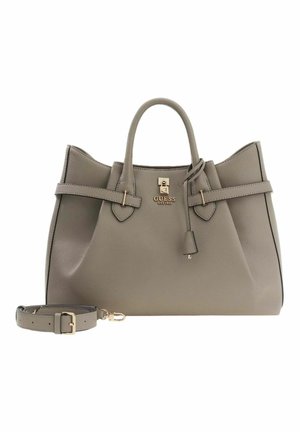 Sac à main en cuir gris au design structuré, avec deux poignées supérieures, une bandoulière réglable, des éléments en métal doré et un détail de logo sur le devant.