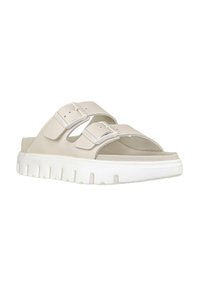 Sandali beige aperti con due cinture regolabili; realizzati in materiale morbido. Suola bianca spessa con grip testurizzato per una migliore aderenza.