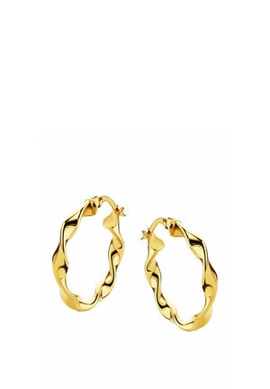 Gold-toned hoop earrings with a twisted design, featuring a smooth, polished surface and secure latch closure.
