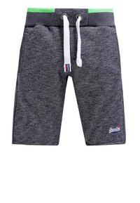 Shorts décontractés gris foncé avec ceinture verte, cordon blanc, poches latérales et petit logo "Super Dry" sur la partie inférieure droite de la jambe.
