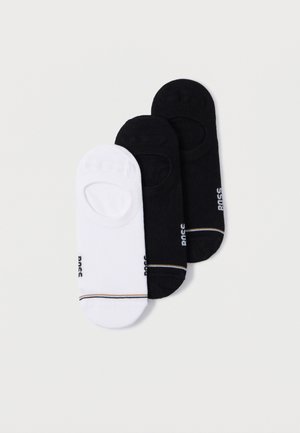 Three pairs of ankle socks: one white, two black. Each features a thin gold accent stripe and an elastic band for secure fit. Soft material.