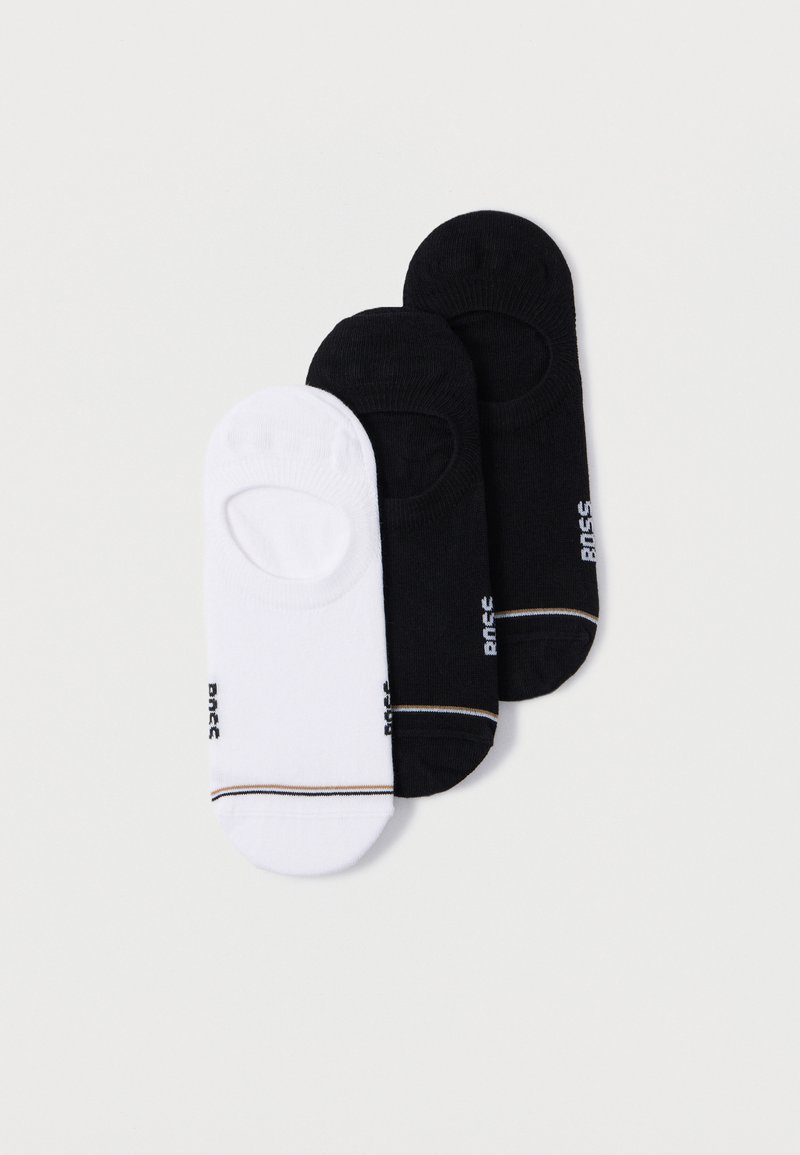 Tri páry členkových ponožiek: jeden biely, dva čierne. Každý pár má tenký zlatý prúžok a elastickú pásku pre bezpečné uchytenie. Mäkký materiál.