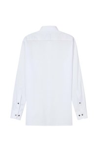 Weißes Langarmhemd mit klassischem Kragen, Manschetten mit zwei Knöpfen und einer glatten Baumwollstoffstruktur.