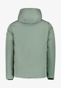 Gevoerde jas in lichtgroen, met een capuchon, lange mouwen en een gladde, glanzende textuur. Zwarte accenten bij de mouwen zorgen voor een opvallend detail.