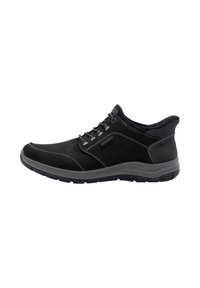 Scarpe da uomo nere in pelle con una superficie liscia, caratterizzate da cuciture grigie, un design con lacci e una suola in gomma spessa.
