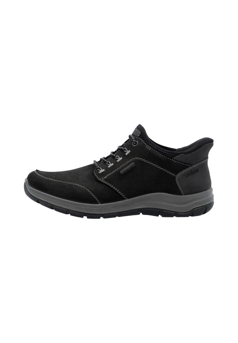 Scarpe da uomo nere in pelle con una superficie liscia, caratterizzate da cuciture grigie, un design con lacci e una suola in gomma spessa.