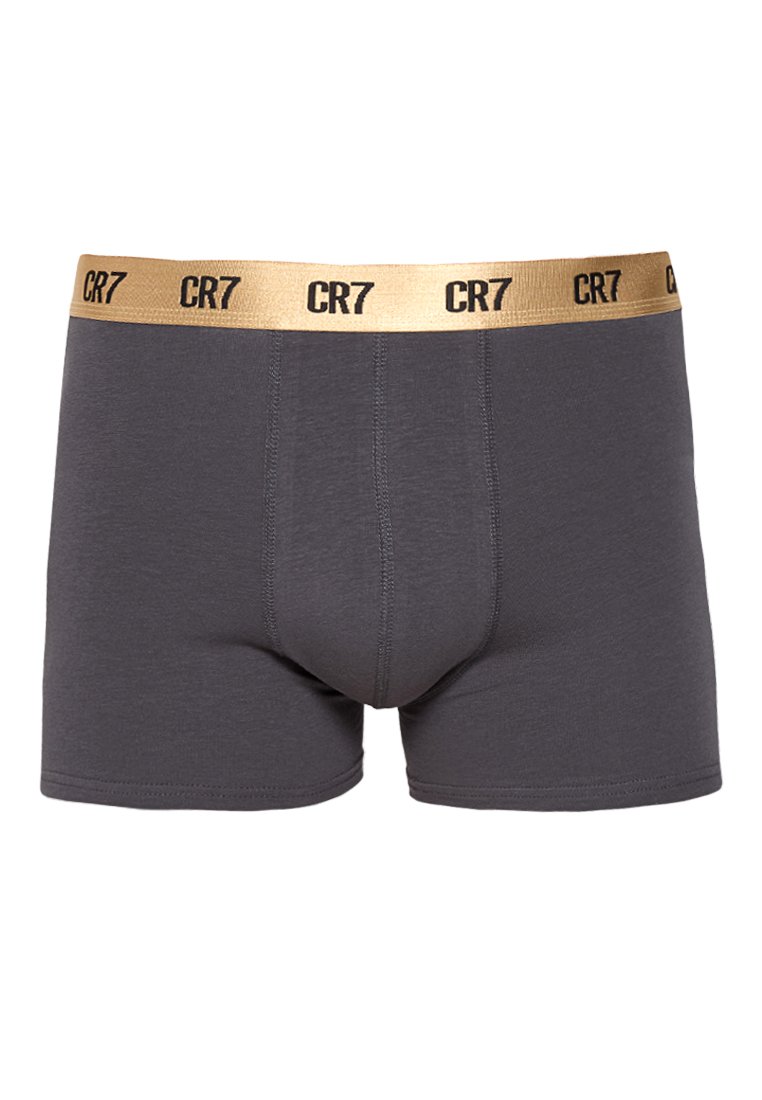 Dunkelgraue Herrenboxershorts mit goldfarbener Elastikbund, die das wiederkehrende schwarze "CR7"-Logo zeigen.