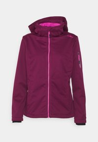 Bordeauxrote Softshell-Jacke mit pinkfarbenem Reißverschluss, hohem Kragen und Kapuze. Verfügt über Seitentaschen und eine Reißverschlusstasche am Arm für zusätzlichen Komfort.