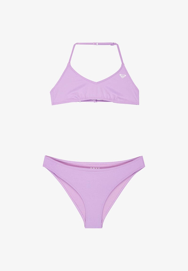 Ensemble bikini lilas avec haut à nouer ajustable et bas assortis à taille basse, conçu pour la baignade.