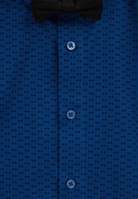 Blå skjorta med knappar som har ett litet mönster av svarta flugor, med ljusblå knappar och en slät tygtextur.