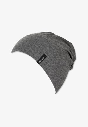 Gray slouch beanie made of soft, textured fabric with a slightly tapered shape and a small black label showing the brand name.