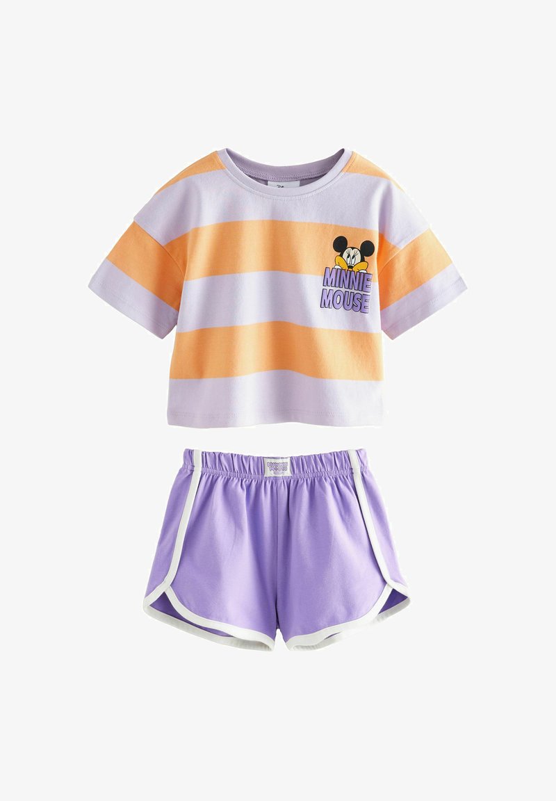 Ensemble en coton comprenant un haut à manches courtes rayé lavande et orange avec un motif Minnie Mouse, accompagné d'un short lavande assorti avec des bordures blanches.