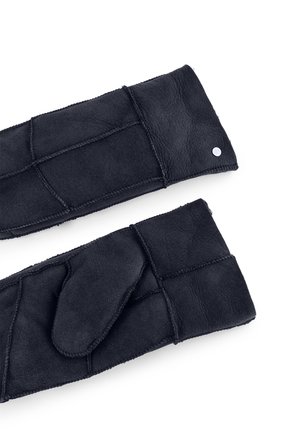 Black suede mittens with a stitched pattern, featuring a separate thumb section and a silver button accent on the wrist.