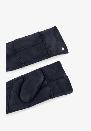 Black suede mittens with a stitched pattern, featuring a separate thumb section and a silver button accent on the wrist.