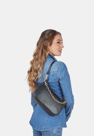 Black textured leather shoulder bag with a chain strap, featuring a curved shape and gold hardware accents.