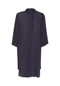 Robe chemise bleu marine foncé avec un col haut, des manches trois-quarts, une fermeture à boutons à l'avant et un détail froncé le long du plastron. Tissu léger.