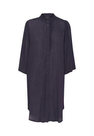 Rochie cămașă de un navy închis, cu guler înalt, mâneci până la trei sferturi, închidere cu nasturi în față și detalii volanate pe placket. Material ușor.