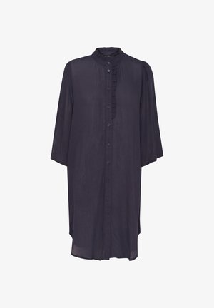 Tamsiai mėlyna suknelė marškiniai su aukštu apykakle, trijų ketvirčių rankovėmis, priekyje užsegama mygtukais, ir raukiniais palei mygtukų eilę. Lengvas audinys.