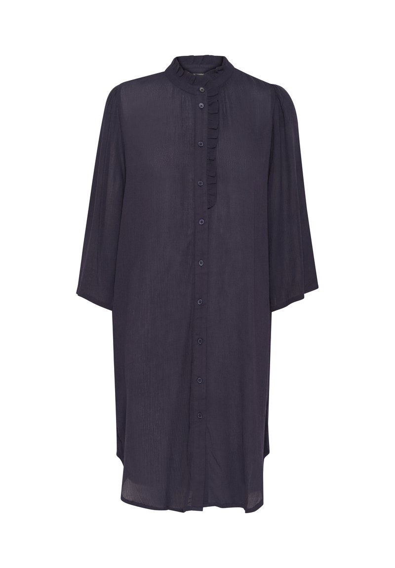 Vestido camisero de un azul marino oscuro con un alto cuello, mangas hasta el codo, cierre frontal con botones y detalle de volantes a lo largo del placket. Tejido ligero.
