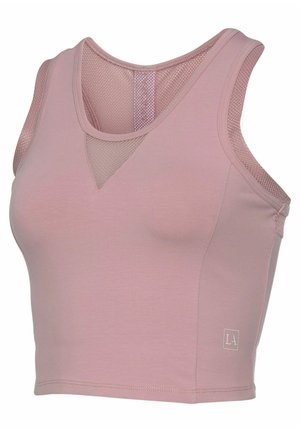 Pink sports crop top made from smooth fabric. Features mesh paneling at the neckline. Includes a small logo accent on the side.