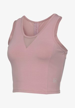 Pink sports crop top made from smooth fabric. Features mesh paneling at the neckline. Includes a small logo accent on the side.