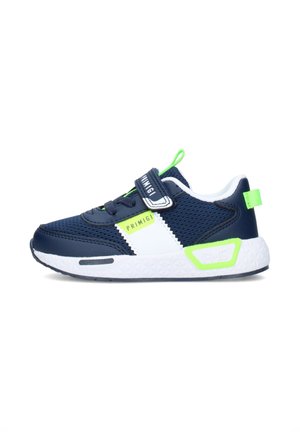 Scarpa da ginnastica per bambini blu navy e bianca con dettagli verde neon, tomaia in mesh, cinturino con chiusura a strappo e suola bianca imbottita.