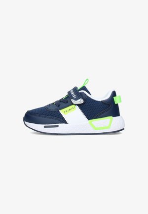 Scarpa da ginnastica per bambini blu navy e bianca con dettagli verde neon, tomaia in mesh, cinturino con chiusura a strappo e suola bianca imbottita.