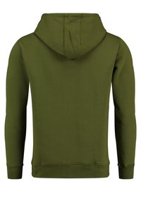 Felpa con cappuccio verde oliva, in cotone misto, maniche lunghe, polsini e orlo a coste. Tessuto liscio con design a tasca a canguro.