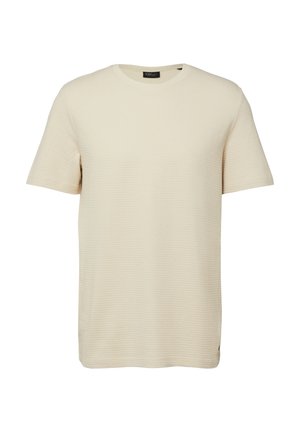 Beige kortemouwen T-shirt in gestructureerde brei met ronde hals, rechte zoom en klein zwart merkje dichtbij de onderrand.