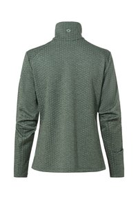 Maglia verde a maniche lunghe con colletto alto, caratterizzata da un motivo testurizzato, design aderente e aperture per i pollici sui polsini.