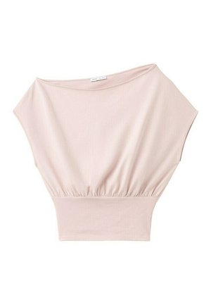 Svetloružový krátky rukáv, top s lodičkovým výstrihom, so zúženým pásom a širokým rebrovaným lemom, vyrobený z mäkkého, ľahkého materiálu.