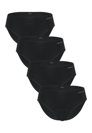 Set di biancheria intima nera in cotone a vita alta. Presenta una texture liscia, un elastico in vita e il logo "LOVABLE" in oro sul davanti. Inclusi quattro paia.