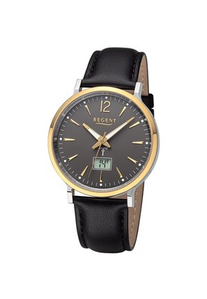 Analog wristwatch with black face, gold hour markers, gold and white hands, digital date display, gold bezel, and black leather strap.