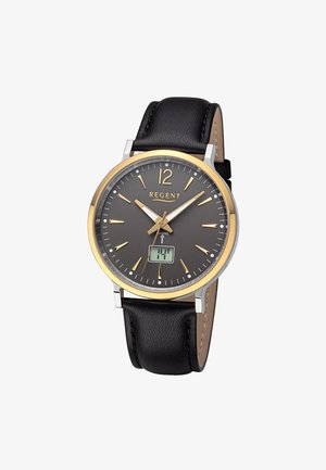 Montre analogique avec cadran noir, index dorés, aiguilles dorées et blanches, affichage numérique de la date, lunette dorée et bracelet en cuir noir.
