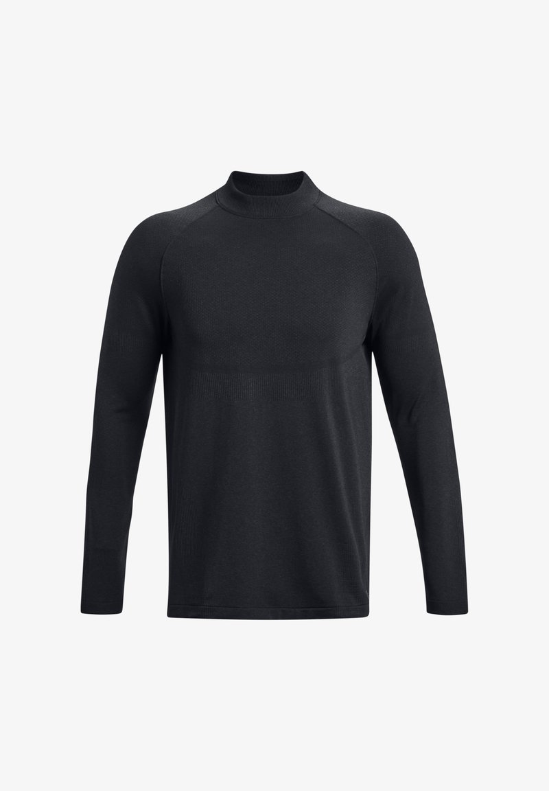 Chemise noire à manches longues avec col montant, texture lisse et coupe ajustée, présentée sur un fond blanc uni.