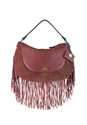 Borsa in pelle marrone e camoscio con dettagli a frange lunghe, manico corto, logo del marchio dorato e piccola pochette attaccata con bottone blu.