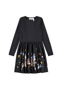 Črna obleka z dolgimi rokavi in nabranim krilom, ki na robu vsebuje potisk mačke in pisanih cvetlic.