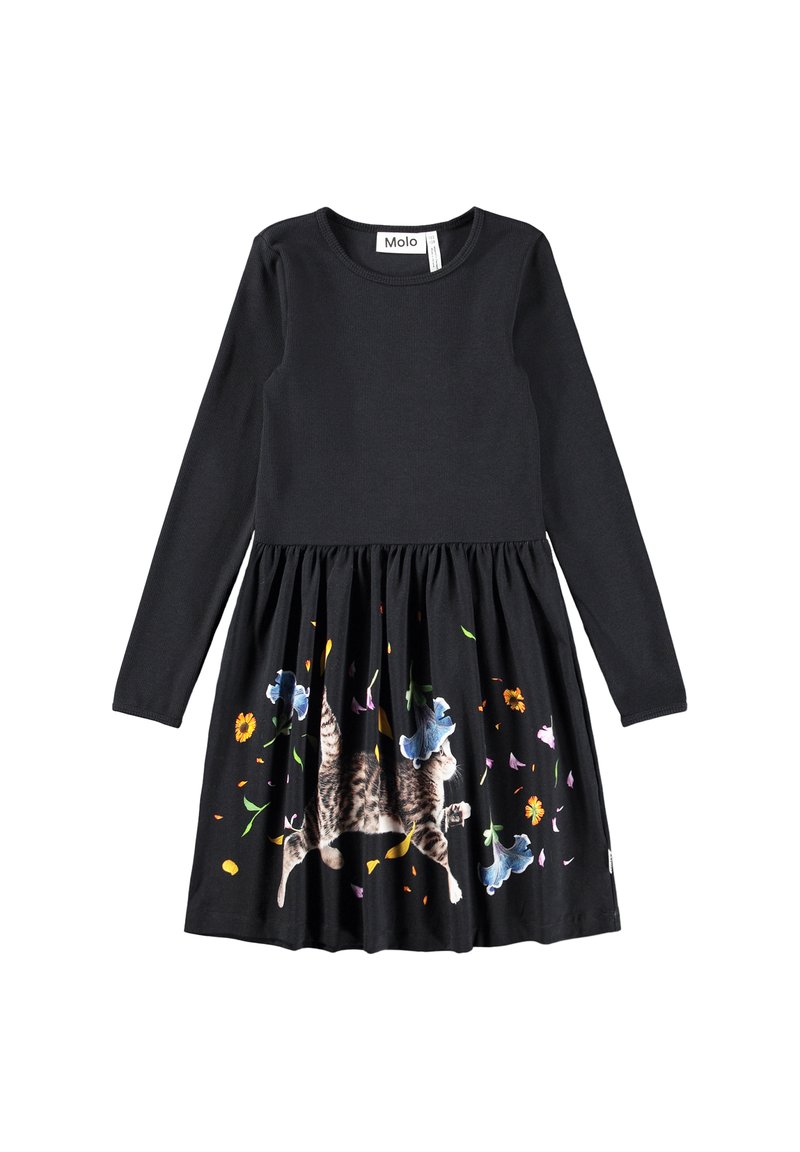 Črna obleka z dolgimi rokavi in nabranim krilom, ki na robu vsebuje potisk mačke in pisanih cvetlic.