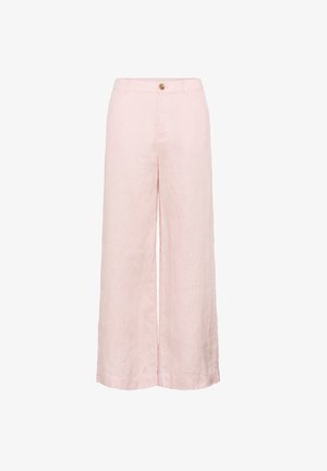 Pantaloni a gamba larga in lino rosa chiaro con chiusura a bottone in vita, caratterizzati da una consistenza liscia e senza motivi o accenti visibili.