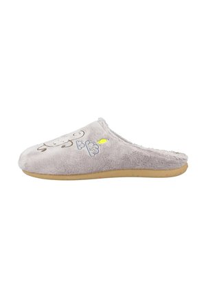 Zapatilla de casa gris con parte superior de suave felpa, que presenta un diseño de oveja y acentos de nubes, y una suela de goma texturizada para mayor agarre.
