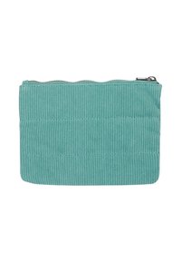 Turquoise corduroy tas met een rits, voorzien van een geribbelde textuur en een geschulpte bovenrand. Gladde voering aan de binnenkant.