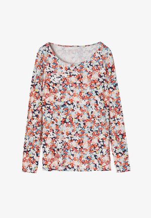 Blomsterlangærmet top med en båd-udskæring. Multifarvet mønster med nuancer af rød, blå og hvid på en lys baggrund. Blødt, strækbart stof.