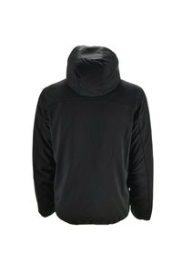 Giacca nera con cappuccio, dalla texture liscia e opaca, con polsini elastici e orlo arricciato. Design minimalista senza loghi o motivi visibili.