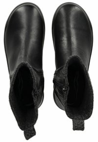 Botas de tobillo de cuero negro con un puño de lana y forro texturizado gris. Presentan una cremallera lateral para un fácil acceso y una suela de goma flexible.