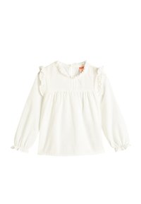 Blouse blanche à manches longues avec des accents froncés le long du col et des manches, design froncé au niveau de la poitrine, fabriquée en tissu doux.