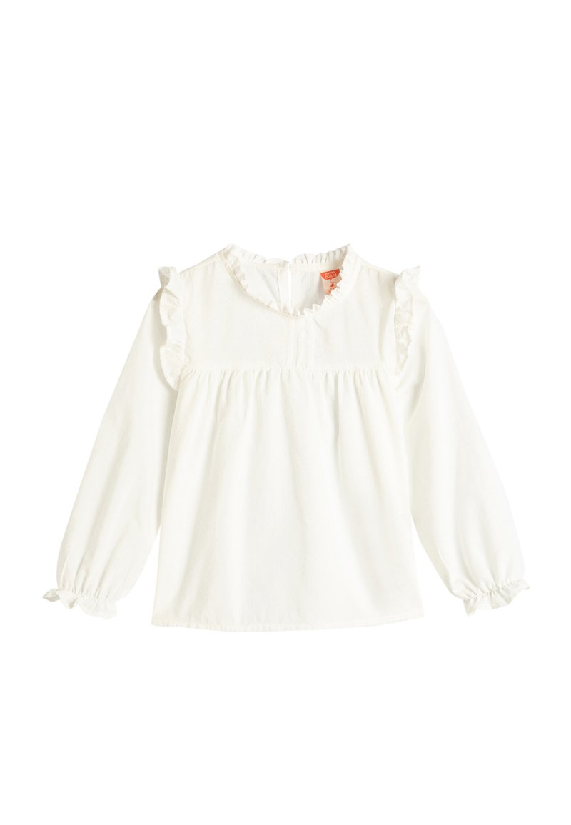 Blouse blanche à manches longues avec des accents froncés le long du col et des manches, design froncé au niveau de la poitrine, fabriquée en tissu doux.